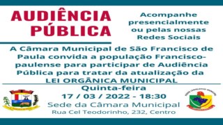 Convocação de Audiência Publica
Debate a modernização e atualização da Lei Orgânica do Município de São Francisco de Paula. Convocação de Audiência Publica
Debate a modernização e atualização da Lei Orgânica do Município de São Francisco de Paula.